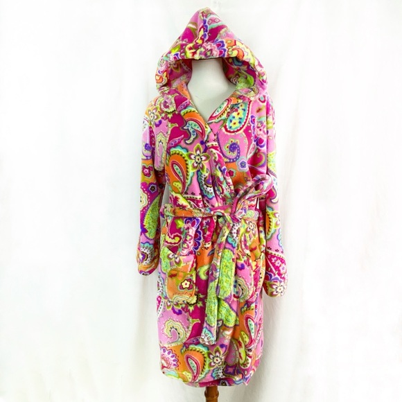 Vera Bradley Pink Paisley Fleece Plush Robe Hooded Bathrobe S/M - Picture 3 of 12